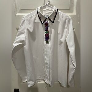 Vintage Witt White Shirt with Christmas Embroidered Details, Size 14